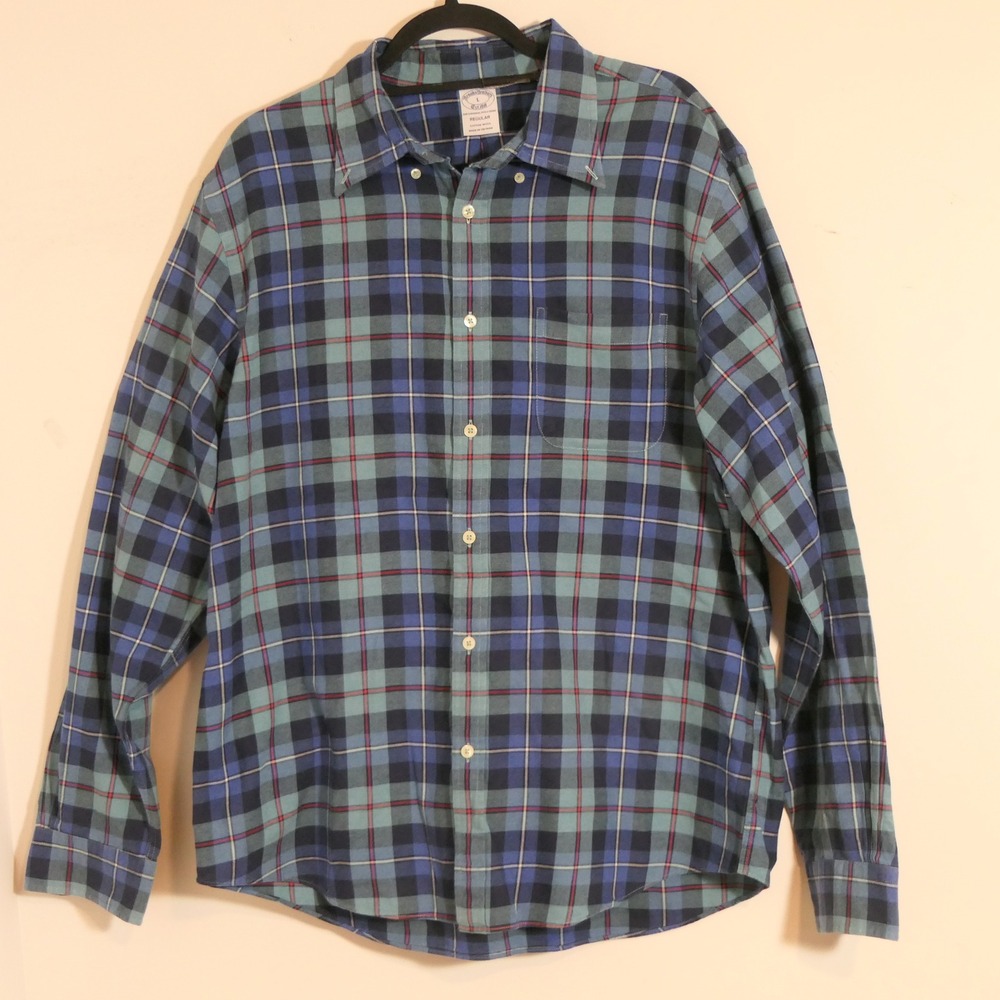 Brooks Brothers Mens Shirt L Blue Green Plaid Flannel Preppy Heritage Old Money